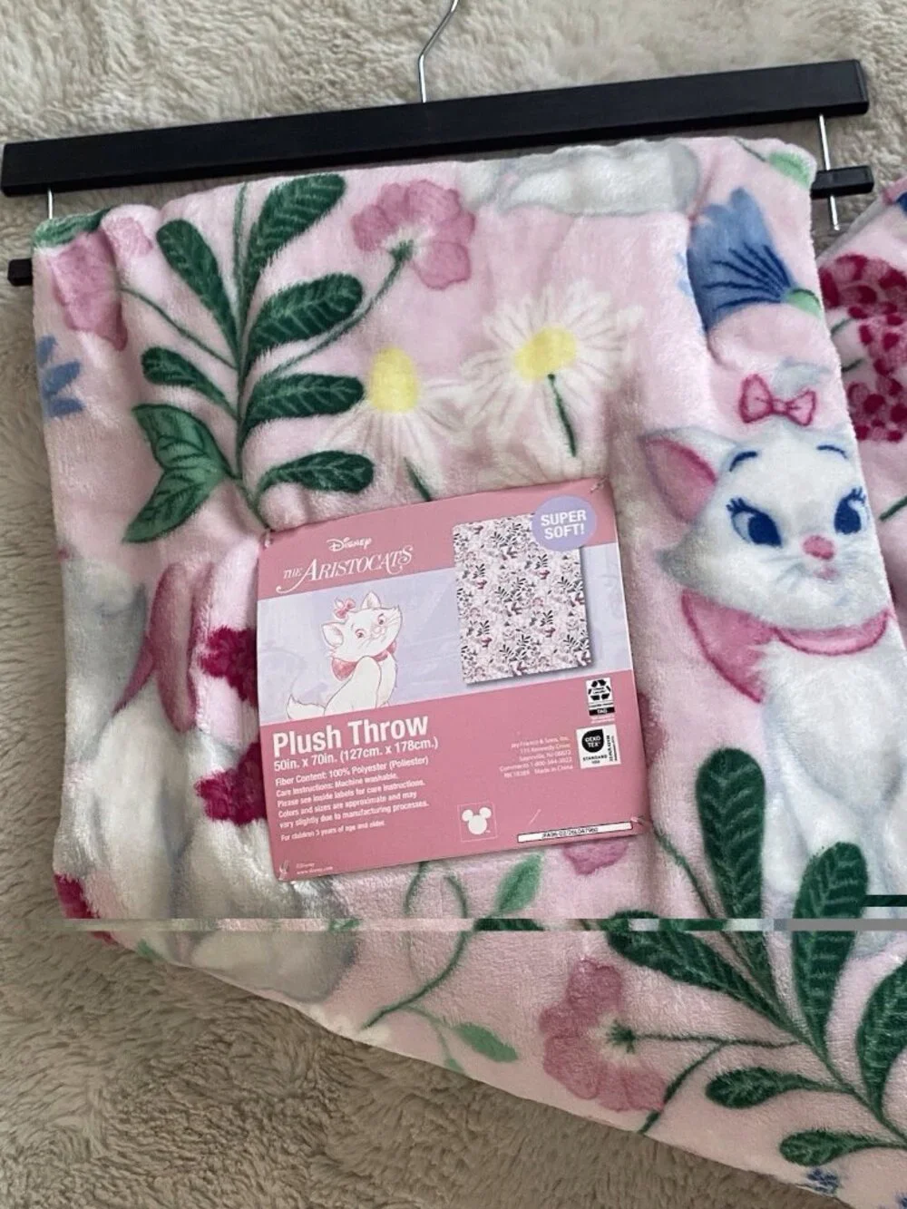 Disney Aristocats Marie Kitten Pink Floral‎ Soft Throw Blanket 50” X 70” NEW